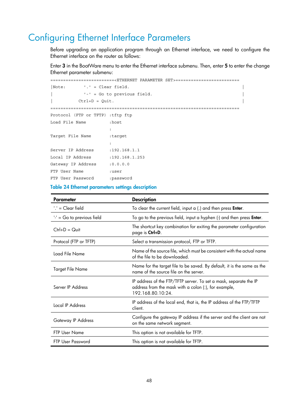 Configuring ethernet interface parameters | H3C Technologies H3C MSR 20-1X User Manual | Page 55 / 75