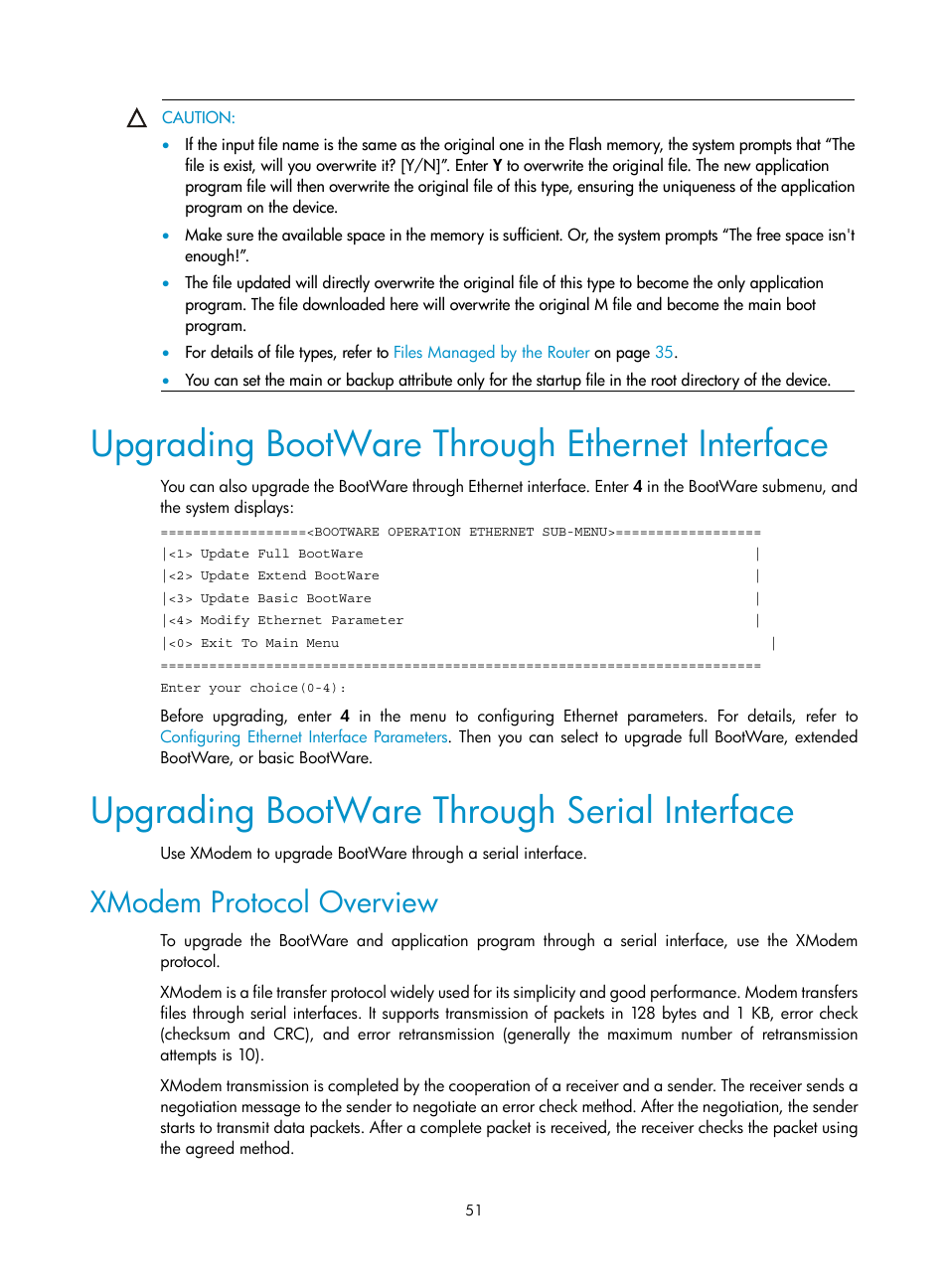 Upgrading bootware through ethernet interface, Upgrading bootware through serial interface, Xmodem protocol overview | H3C Technologies H3C MSR 20-1X User Manual | Page 58 / 75