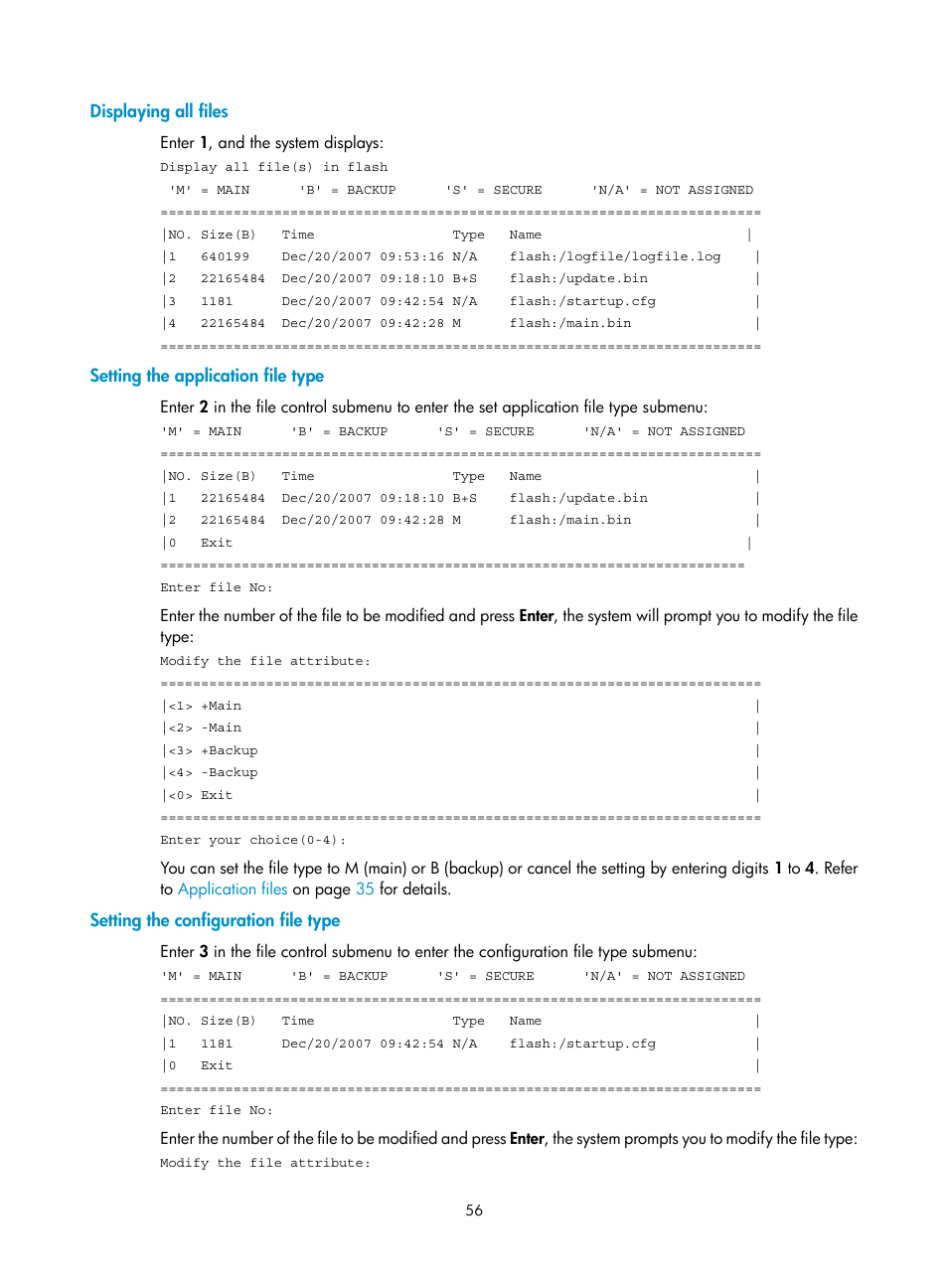 Displaying all files, Setting the application file type, Setting the configuration file type | H3C Technologies H3C MSR 20-1X User Manual | Page 63 / 75