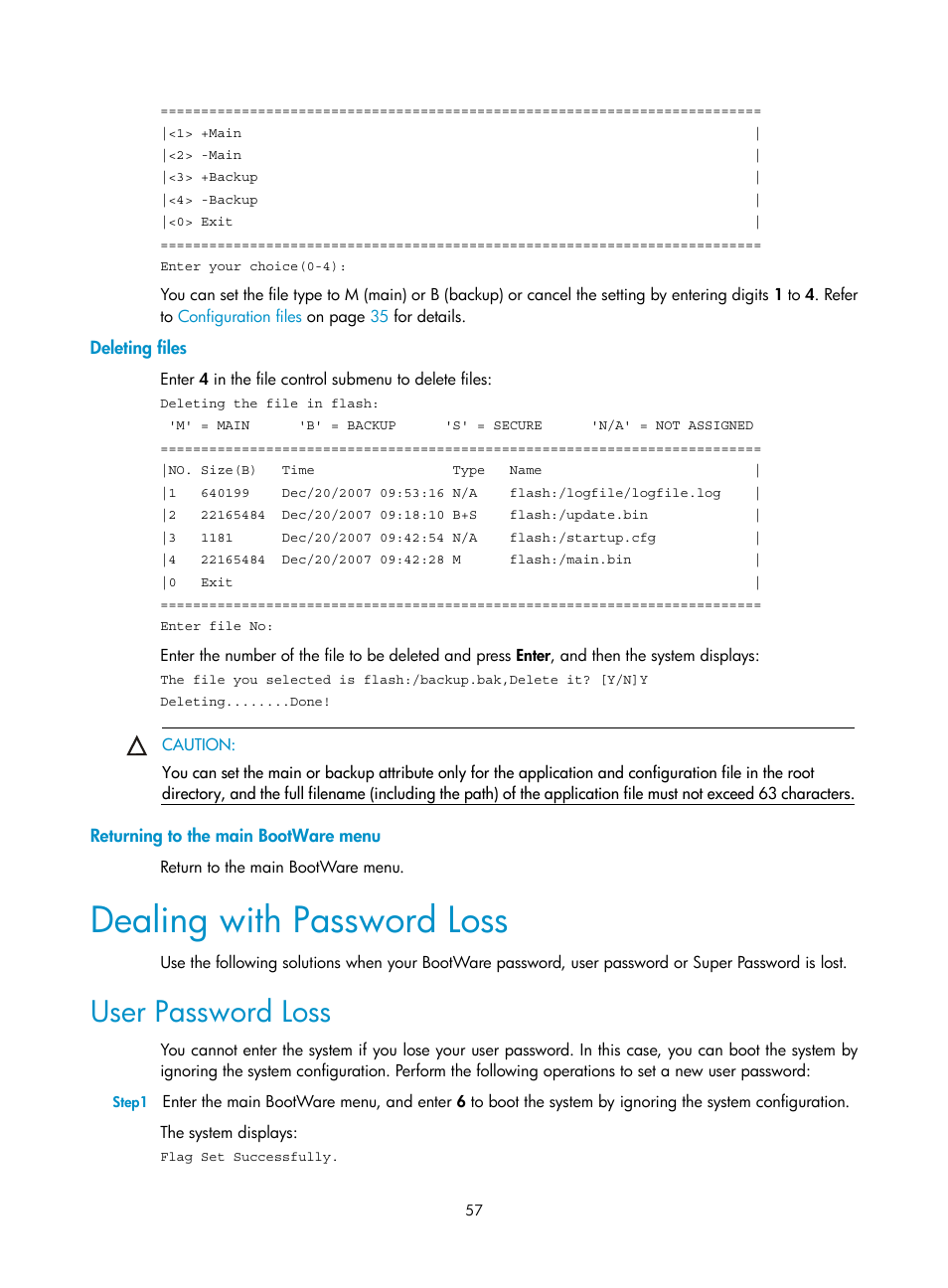 Deleting files, Returning to the main bootware menu, Dealing with password loss | User password loss | H3C Technologies H3C MSR 20-1X User Manual | Page 64 / 75