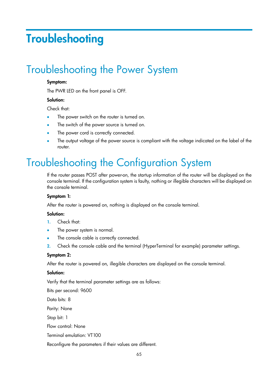 Troubleshooting, Troubleshooting the power system, Troubleshooting the configuration system | H3C Technologies H3C MSR 20-1X User Manual | Page 72 / 75