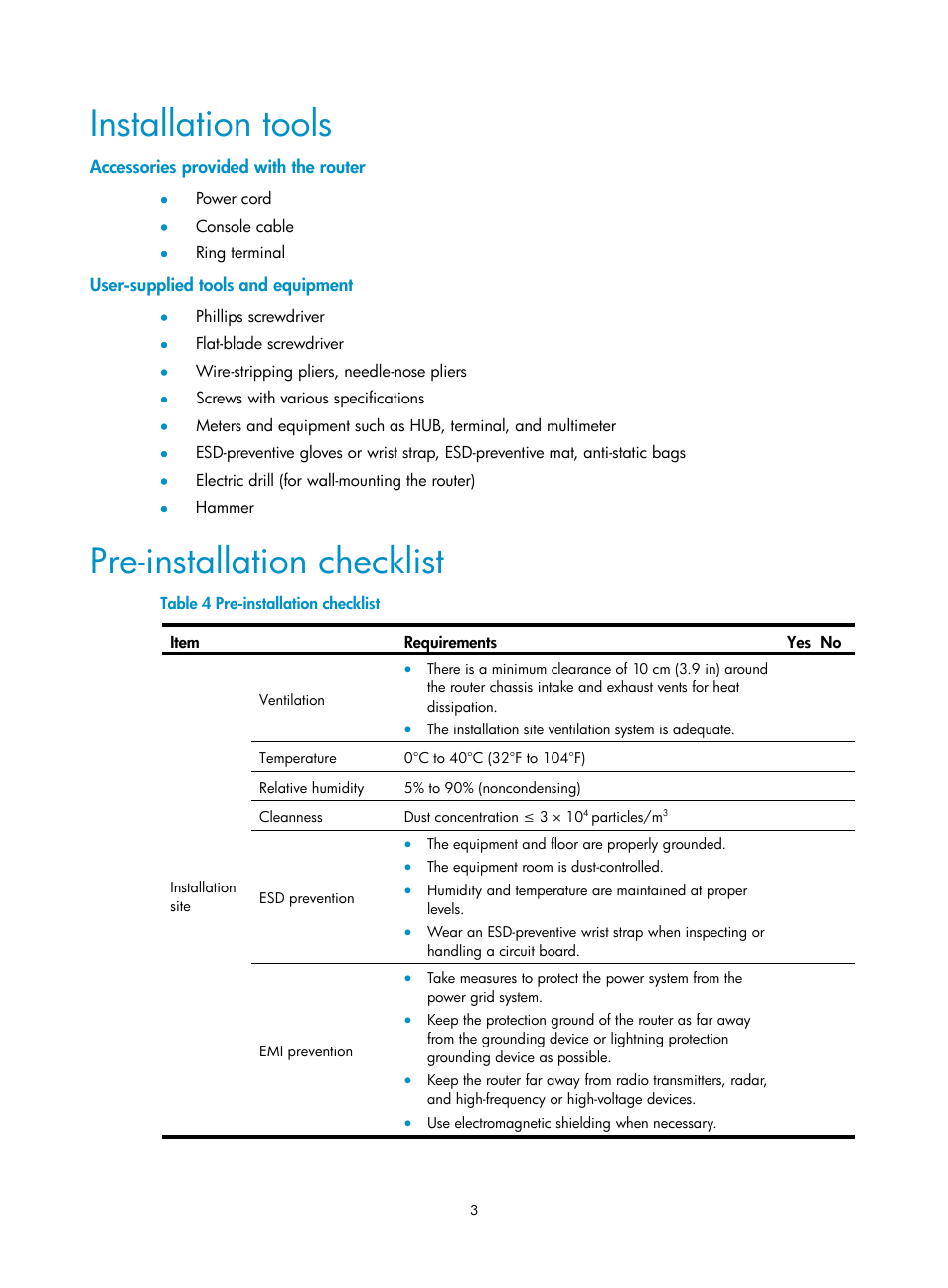 Installation tools, Accessories provided with the router, User-supplied tools and equipment | Pre-installation checklist | H3C Technologies H3C MSR 930 User Manual | Page 10 / 42