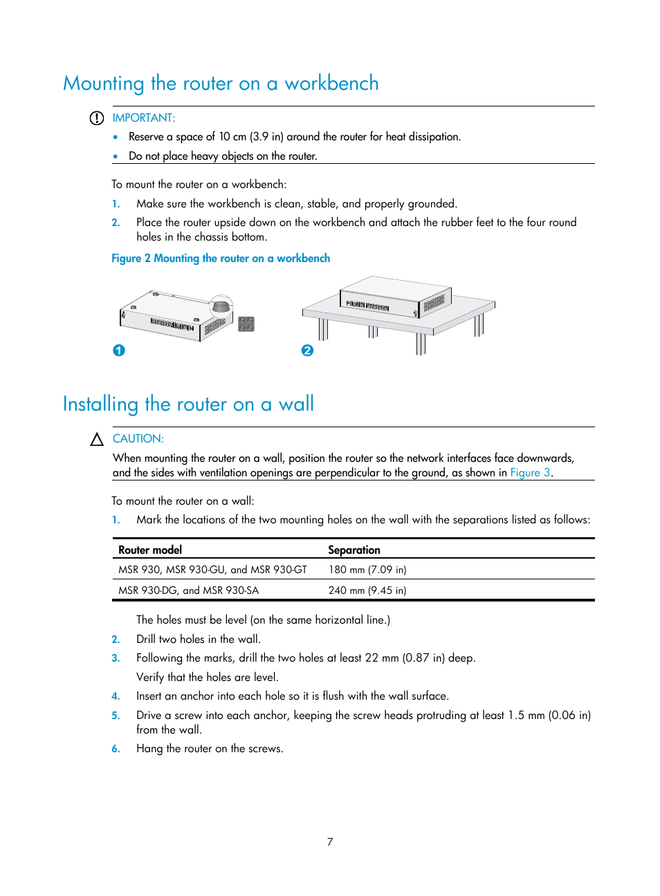 Mounting the router on a workbench, Installing the router on a wall | H3C Technologies H3C MSR 930 User Manual | Page 14 / 42