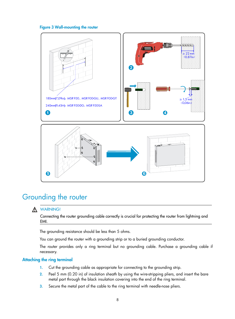 Grounding the router, Attaching the ring terminal | H3C Technologies H3C MSR 930 User Manual | Page 15 / 42