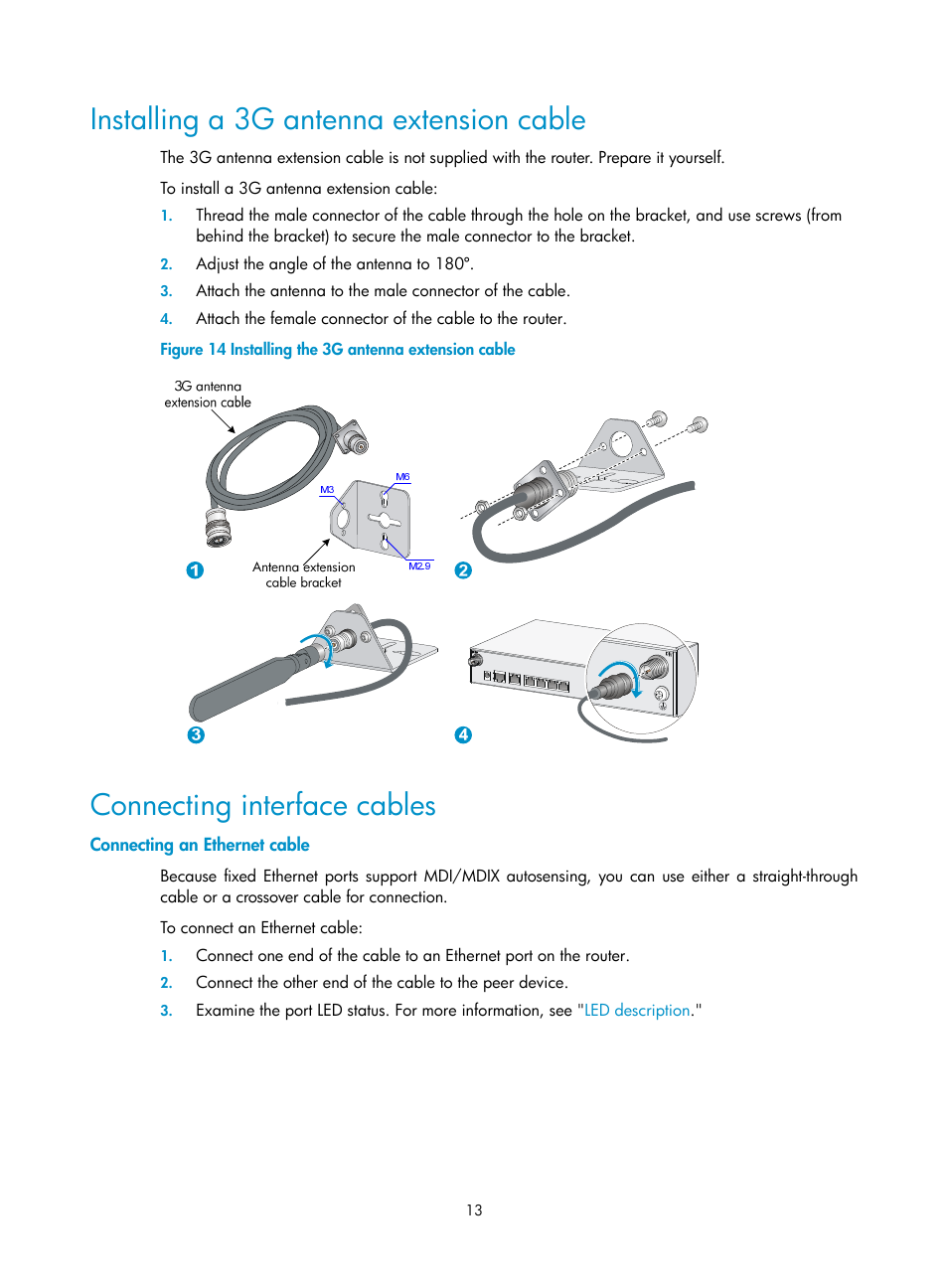 Installing a 3g antenna extension cable, Connecting interface cables, Connecting an ethernet cable | H3C Technologies H3C MSR 930 User Manual | Page 20 / 42