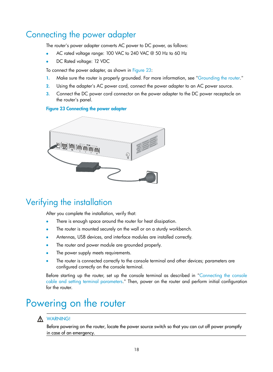 Connecting the power adapter, Verifying the installation, Powering on the router | H3C Technologies H3C MSR 930 User Manual | Page 25 / 42