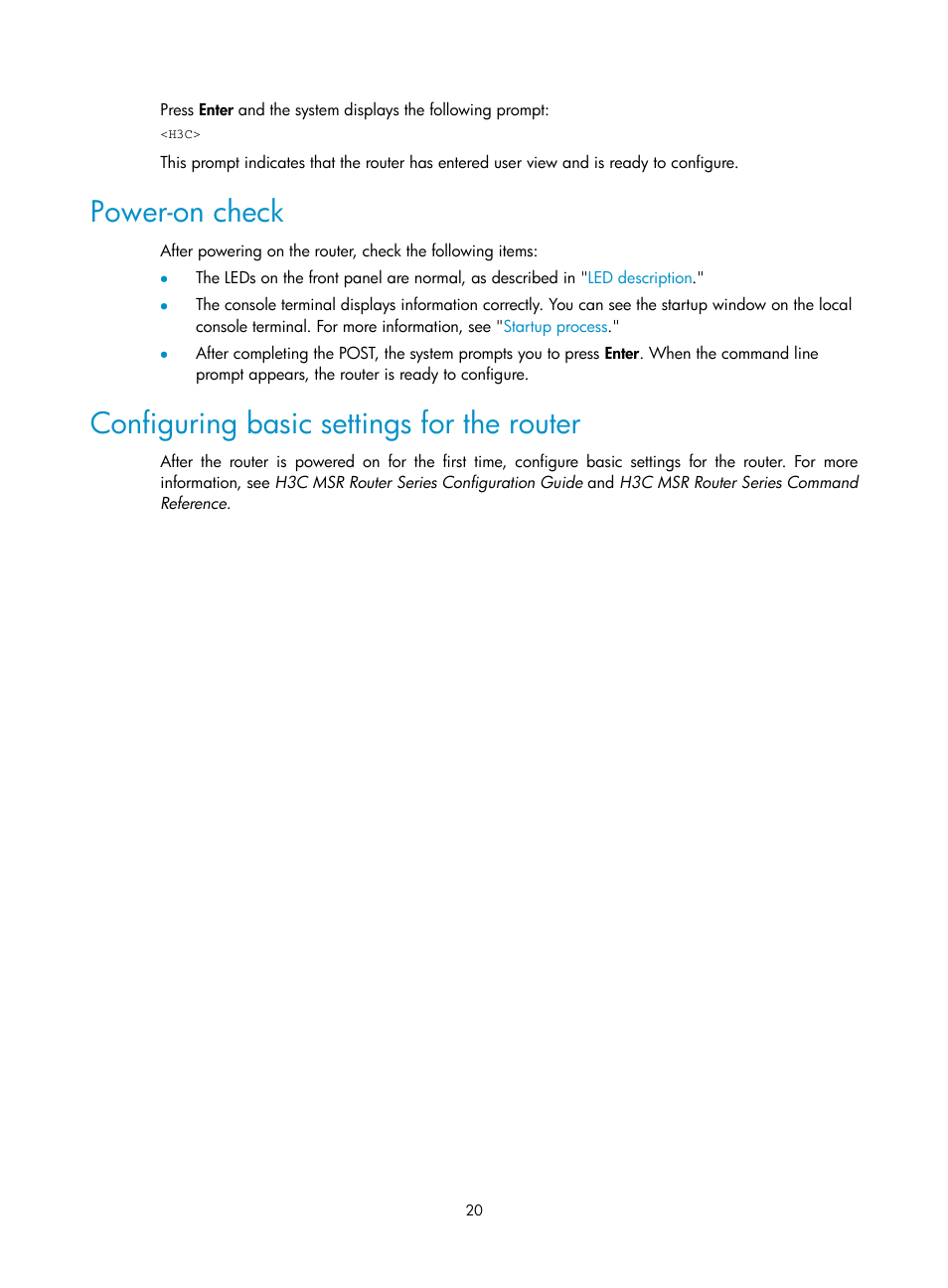 Power-on check, Configuring basic settings for the router | H3C Technologies H3C MSR 930 User Manual | Page 27 / 42