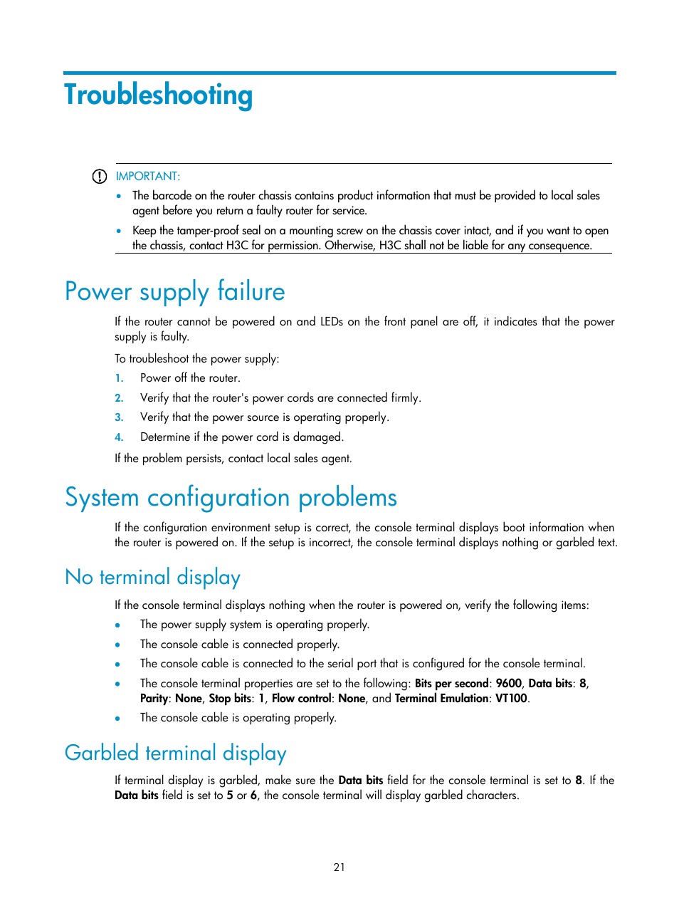 Troubleshooting, Power supply failure, System configuration problems | No terminal display, Garbled terminal display | H3C Technologies H3C MSR 930 User Manual | Page 28 / 42