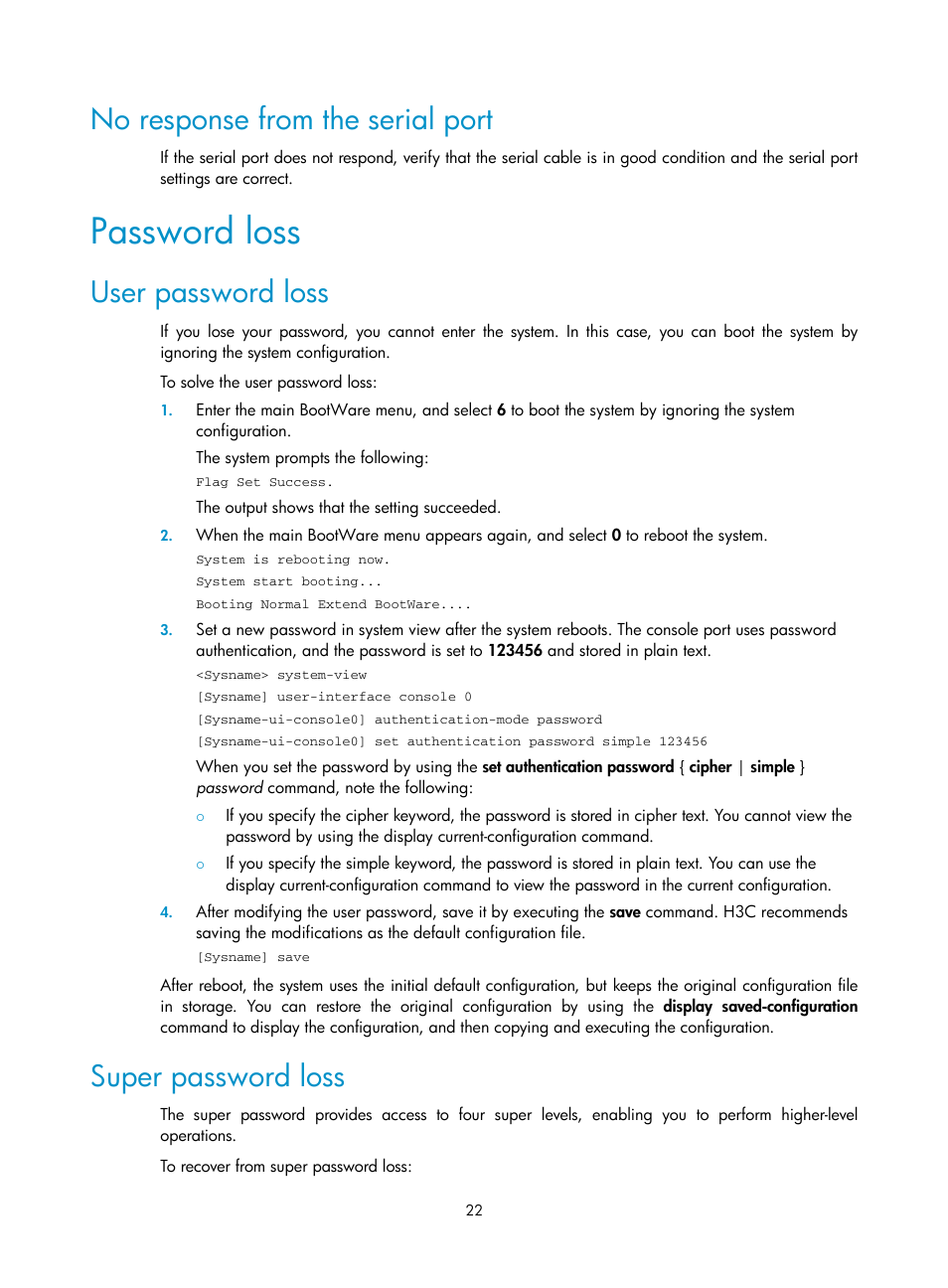 No response from the serial port, Password loss, User password loss | Super password loss | H3C Technologies H3C MSR 930 User Manual | Page 29 / 42