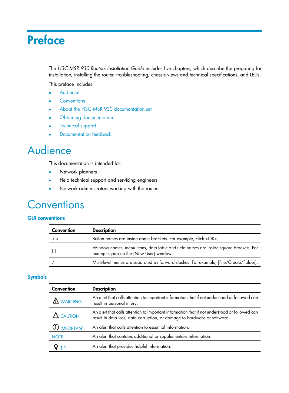 Preface, Audience, Conventions | Gui conventions, Symbols | H3C Technologies H3C MSR 930 User Manual | Page 3 / 42