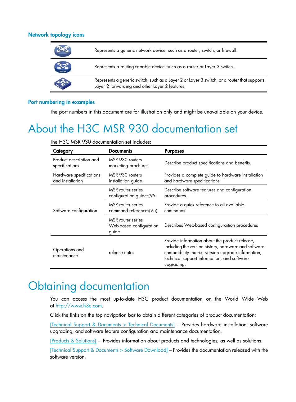 Network topology icons, Port numbering in examples, About the h3c msr 930 documentation set | Obtaining documentation | H3C Technologies H3C MSR 930 User Manual | Page 4 / 42