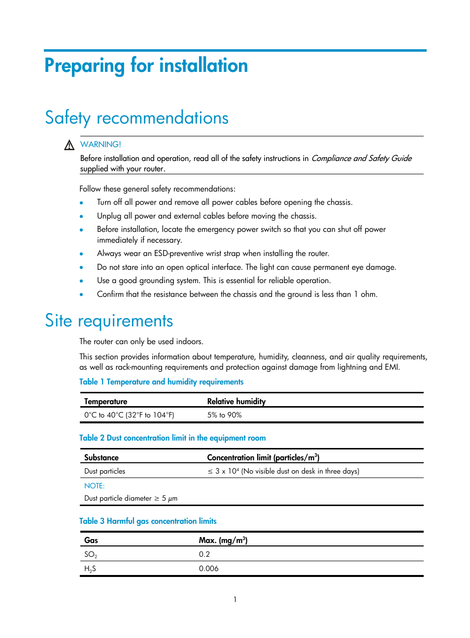 Preparing for installation, Safety recommendations, Site requirements | H3C Technologies H3C MSR 930 User Manual | Page 8 / 42