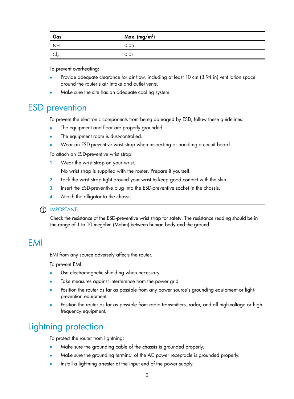 Esd prevention, Lightning protection | H3C Technologies H3C MSR 930 User Manual | Page 9 / 42