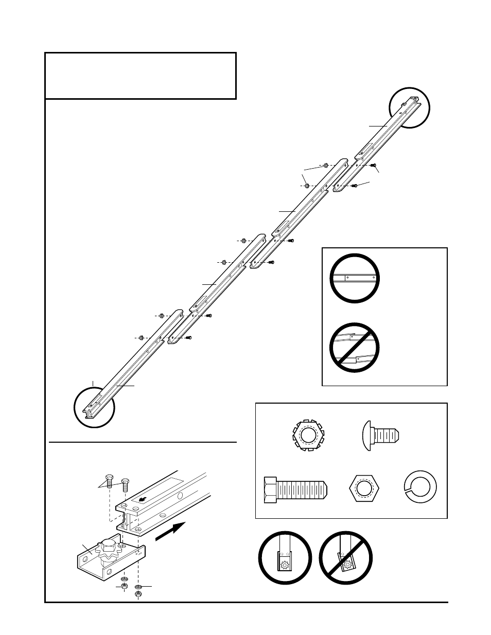 Assembly section, Assemble rail/attach chain pulley bracket, Assembly step 1 | Right wrong | Chamberlain CSO 1/2HP User Manual | Page 7 / 36