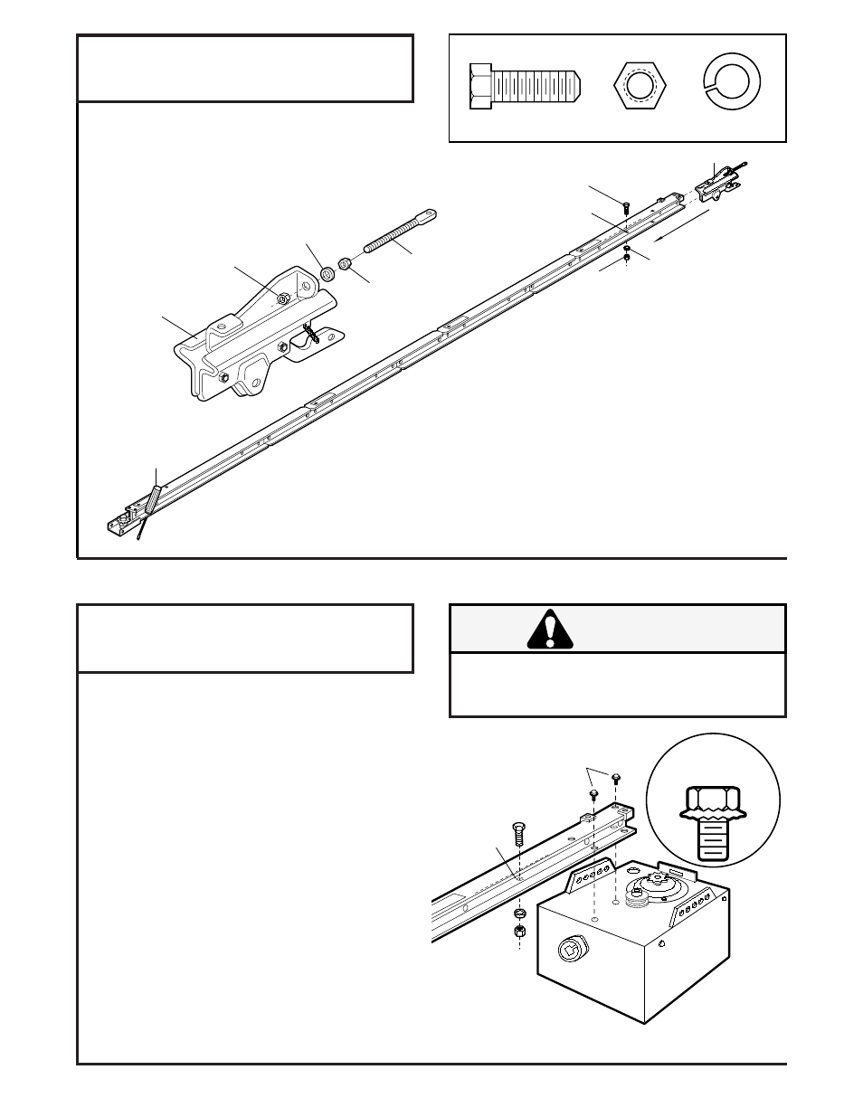 Install trolley on rail, Fasten rail to power head, Caution | Assembly step 2, Assembly step 3, Install the trolley on the rail, Fasten the rail to the power head | Chamberlain CSO 1/2HP User Manual | Page 8 / 36