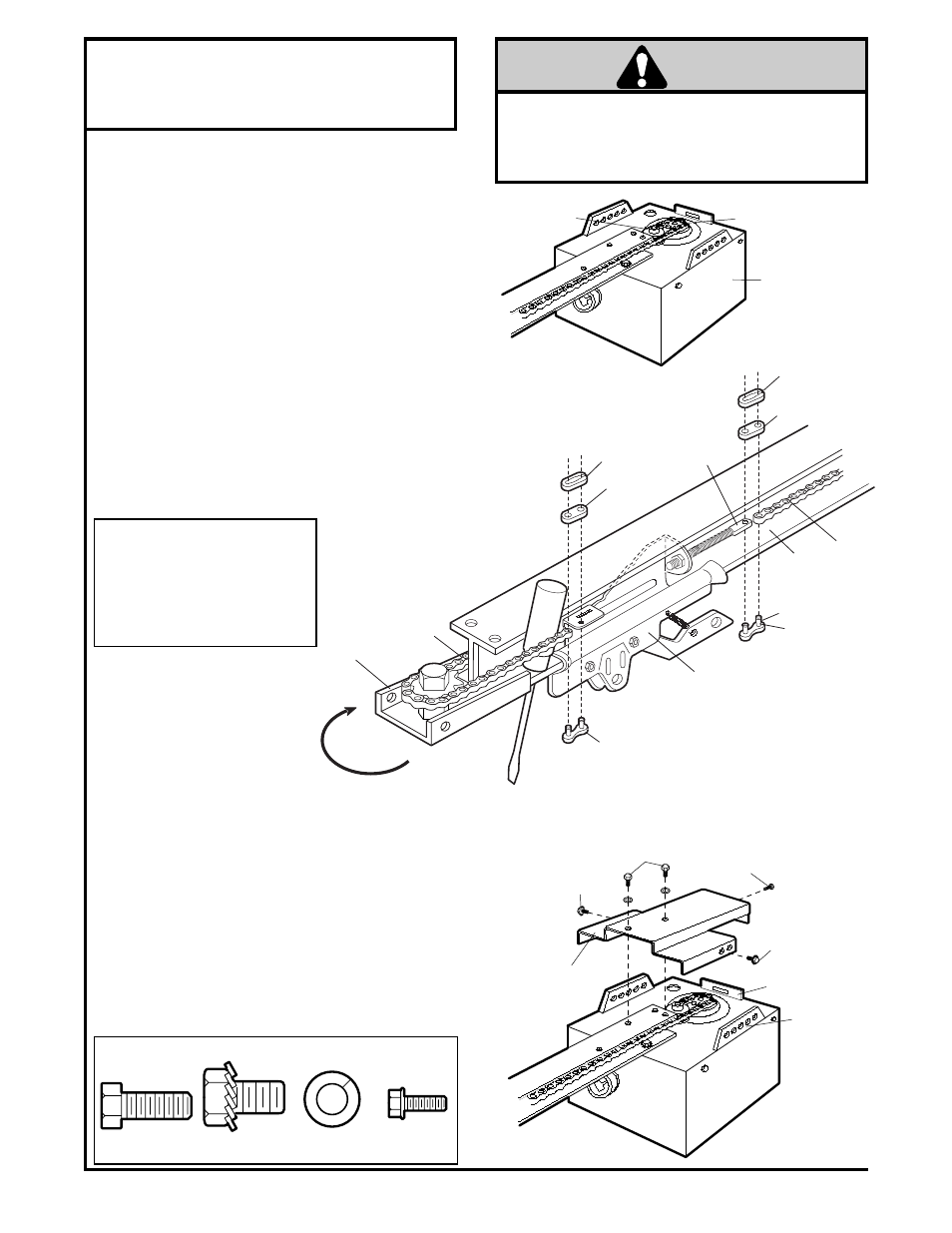 Attach chain & rail support bracket, Warning, Assembly step 4 | Attach the chain & rail support bracket, Figure 2 figure 1, Figure 3 | Chamberlain CSO 1/2HP User Manual | Page 9 / 36