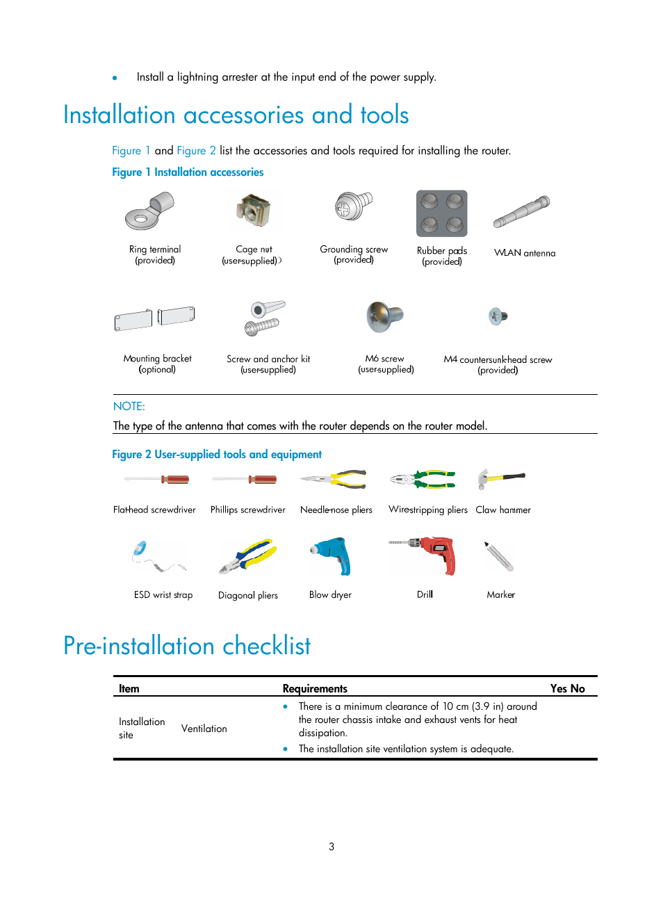 Installation accessories and tools, Pre-installation checklist | H3C Technologies H3C MSR 800 User Manual | Page 10 / 41