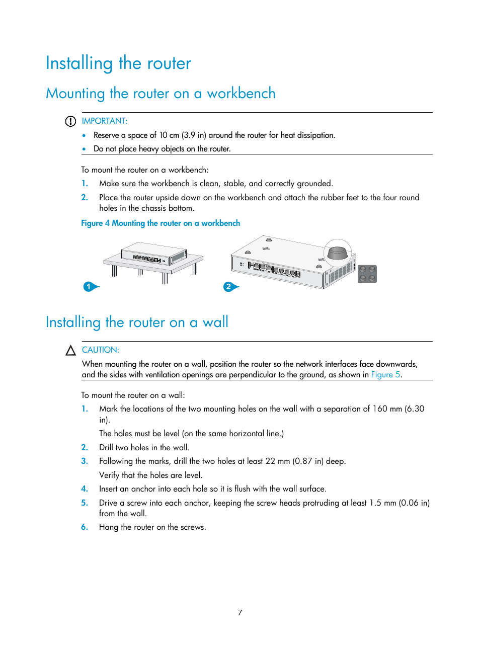 Installing the router, Mounting the router on a workbench, Installing the router on a wall | H3C Technologies H3C MSR 800 User Manual | Page 14 / 41
