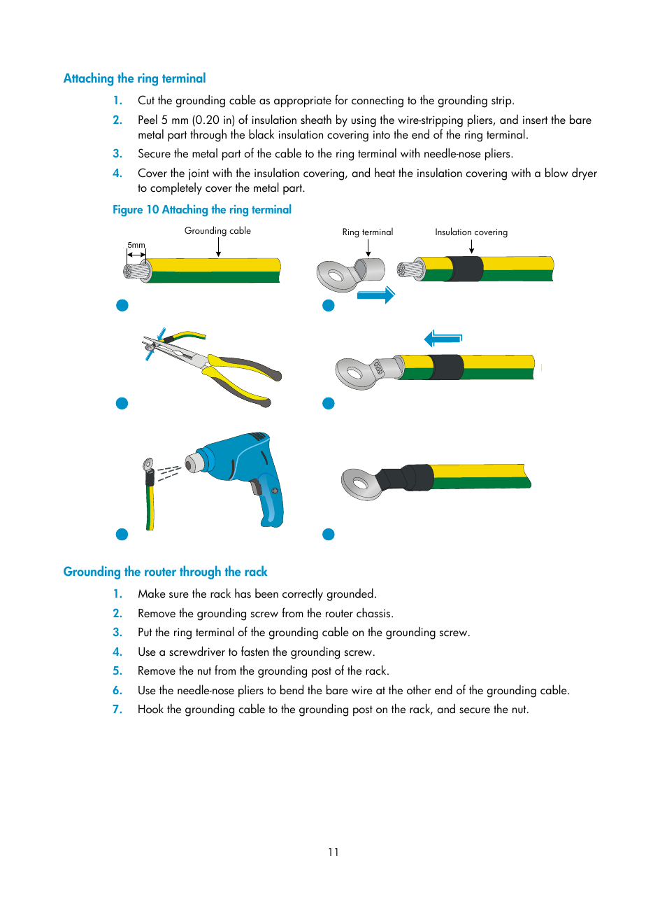 Attaching the ring terminal, Grounding the router through the rack | H3C Technologies H3C MSR 800 User Manual | Page 18 / 41