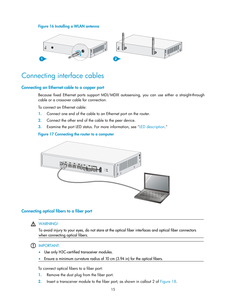 Connecting interface cables, Connecting an ethernet cable to a copper port, Connecting optical fibers to a fiber port | H3C Technologies H3C MSR 800 User Manual | Page 22 / 41