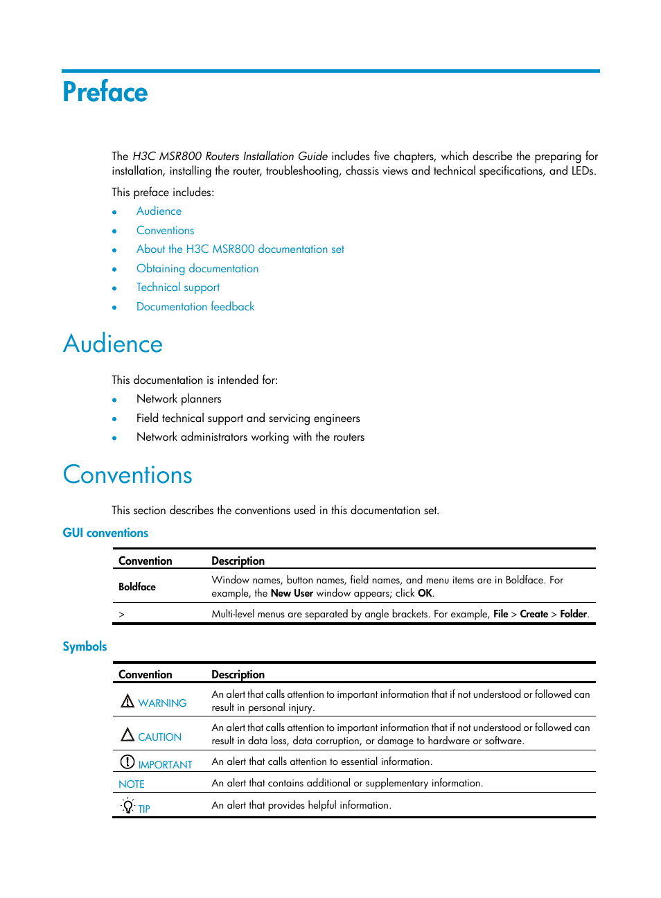 Preface, Audience, Conventions | Gui conventions, Symbols | H3C Technologies H3C MSR 800 User Manual | Page 3 / 41