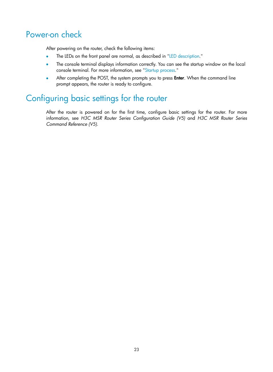 Power-on check, Configuring basic settings for the router | H3C Technologies H3C MSR 800 User Manual | Page 30 / 41
