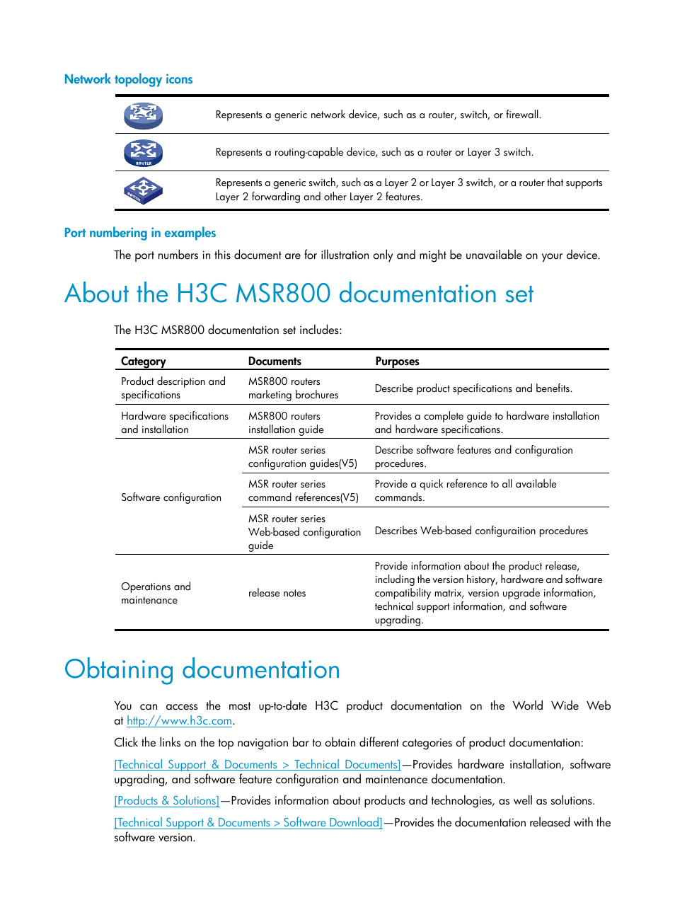 Network topology icons, Port numbering in examples, About the h3c msr800 documentation set | Obtaining documentation | H3C Technologies H3C MSR 800 User Manual | Page 4 / 41