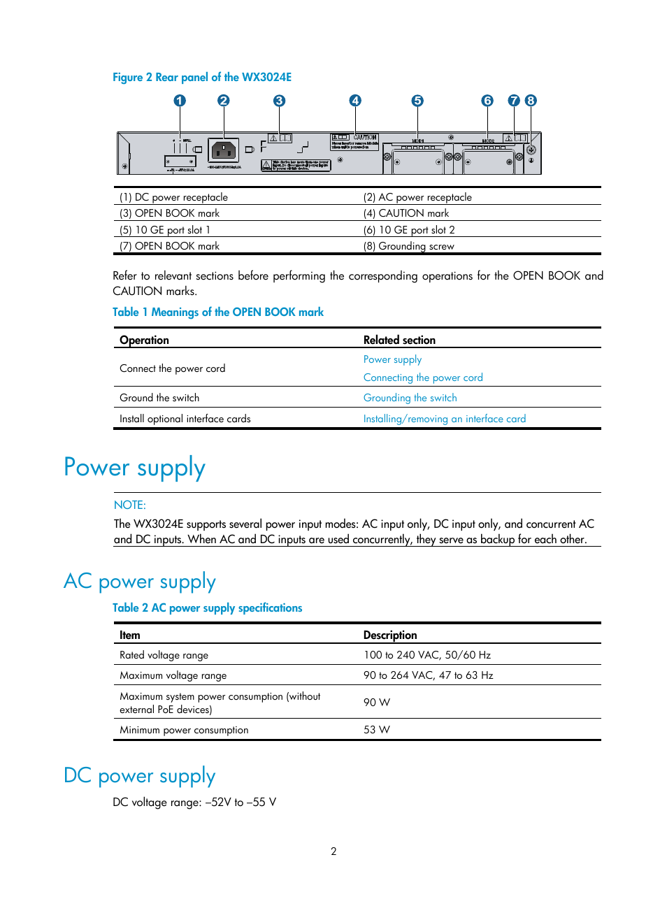 Power supply, Ac power supply, Dc power supply | H3C Technologies H3C WX3000E Series Wireless Switches User Manual | Page 10 / 73