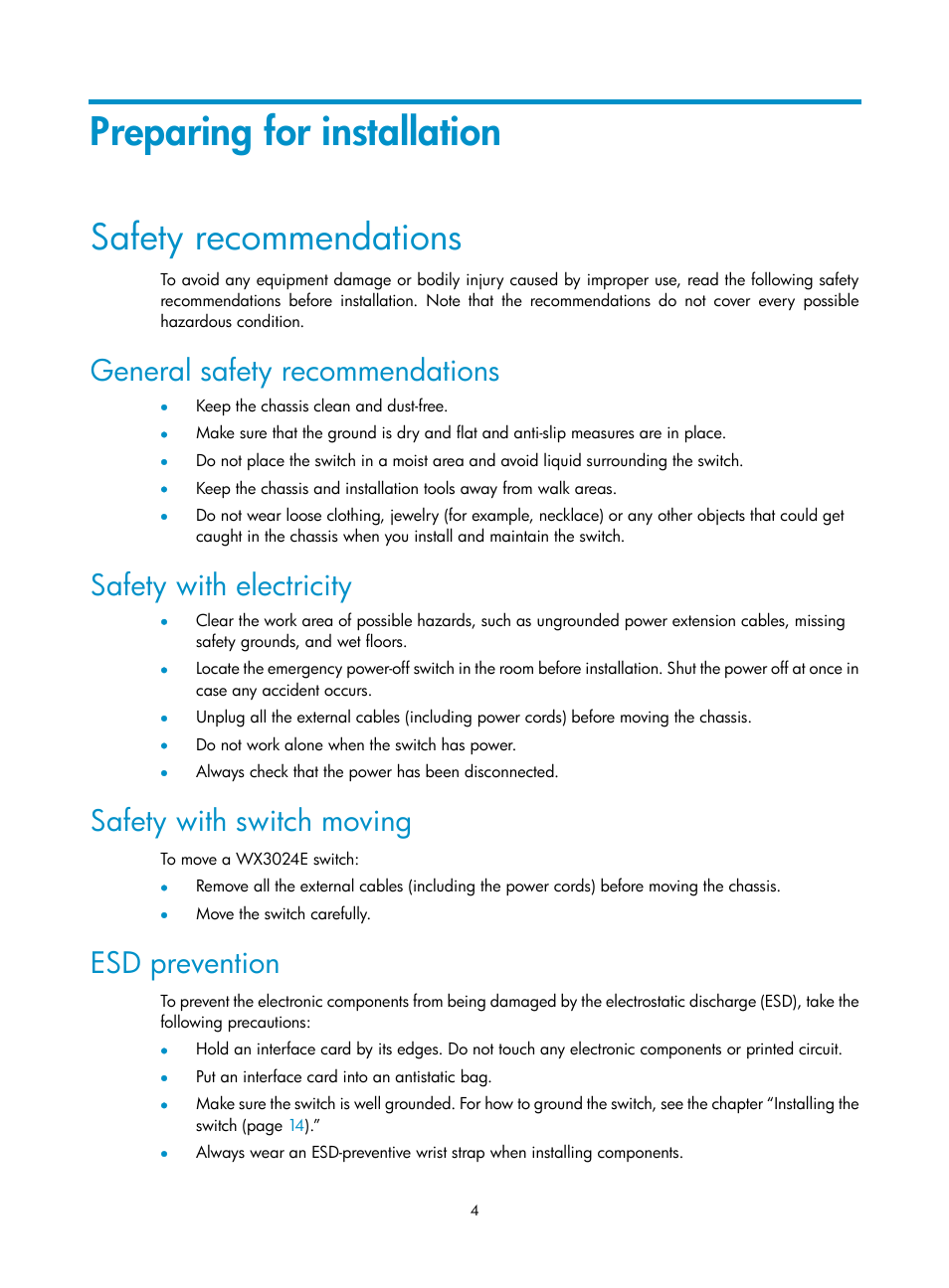 Preparing for installation, Safety recommendations, General safety recommendations | Safety with electricity, Safety with switch moving, Esd prevention | H3C Technologies H3C WX3000E Series Wireless Switches User Manual | Page 12 / 73