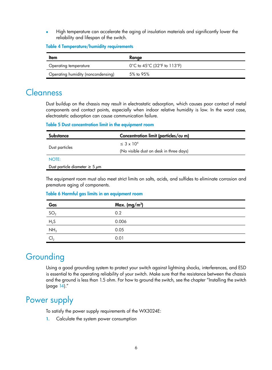 Cleanness, Grounding, Power supply | H3C Technologies H3C WX3000E Series Wireless Switches User Manual | Page 14 / 73