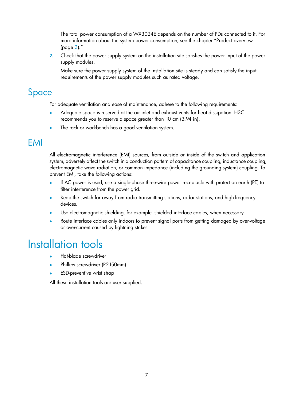 Space, Installation tools | H3C Technologies H3C WX3000E Series Wireless Switches User Manual | Page 15 / 73