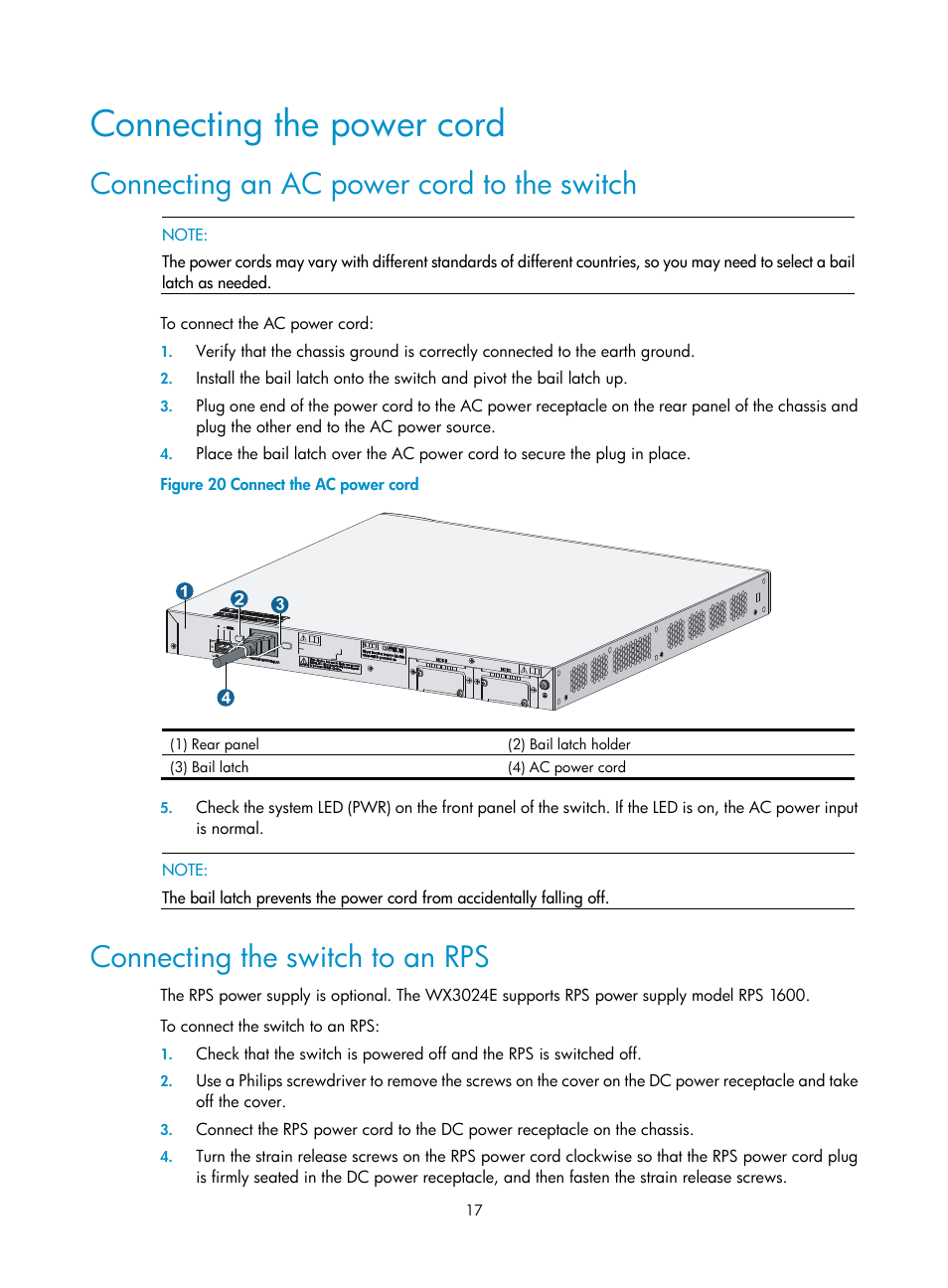 Connecting the power cord, Connecting an ac power cord to the switch, Connecting the switch to an rps | H3C Technologies H3C WX3000E Series Wireless Switches User Manual | Page 25 / 73
