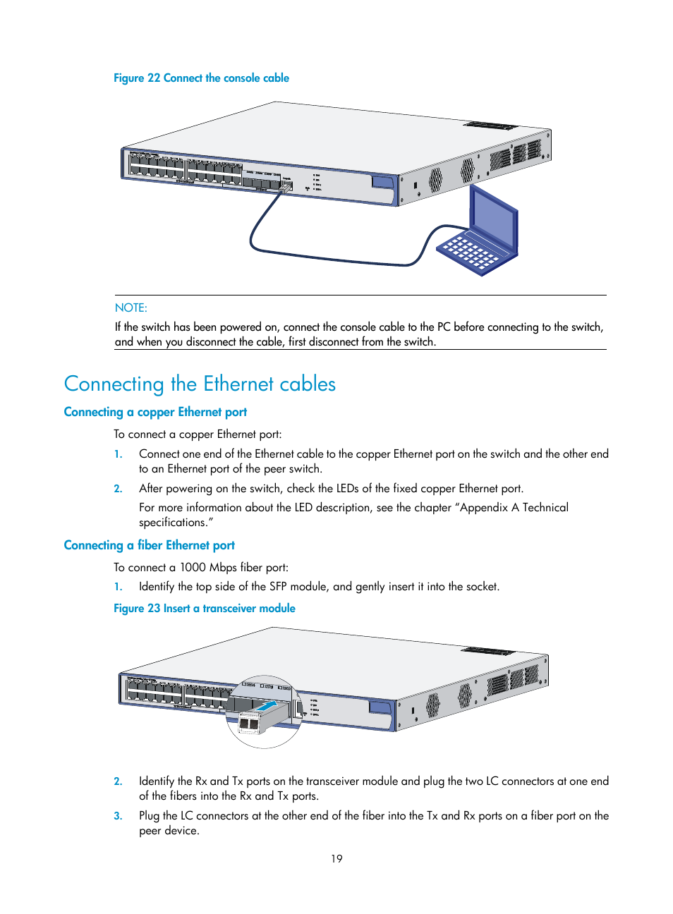 Connecting the ethernet cables, Connecting a copper ethernet port, Connecting a fiber ethernet port | H3C Technologies H3C WX3000E Series Wireless Switches User Manual | Page 27 / 73