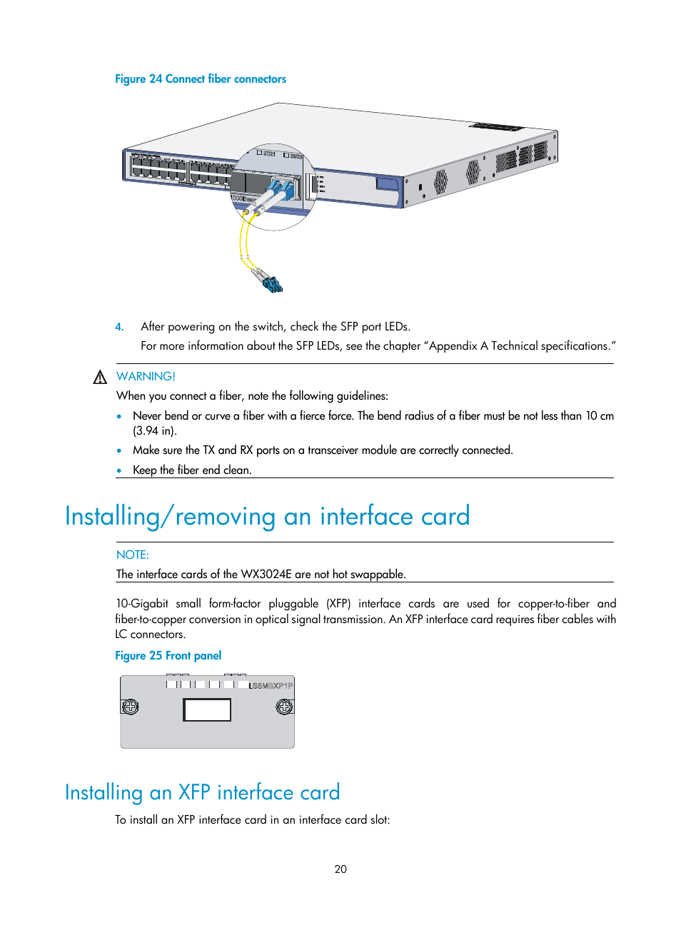 Installing/removing an interface card, Installing an xfp interface card | H3C Technologies H3C WX3000E Series Wireless Switches User Manual | Page 28 / 73