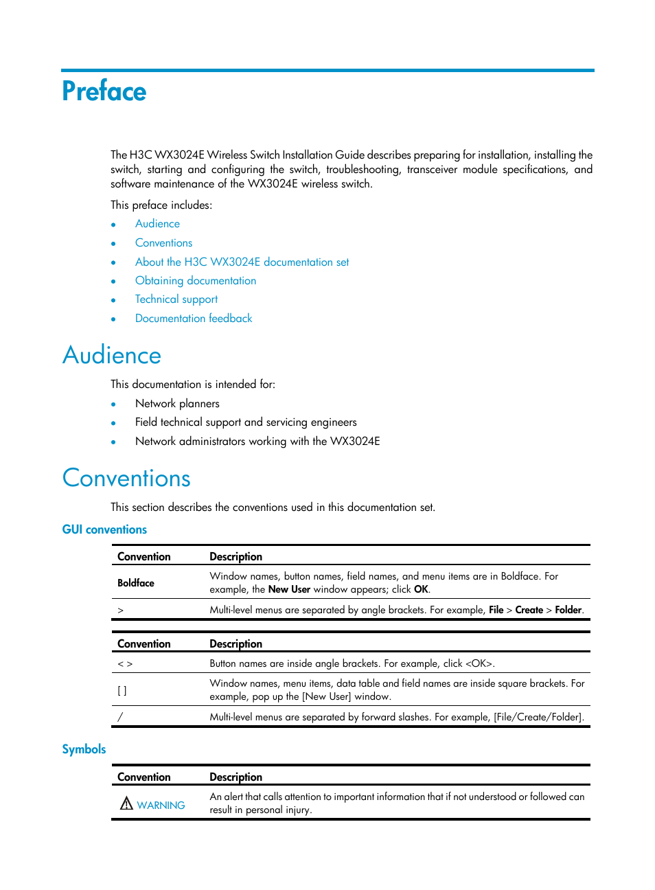 Preface, Audience, Conventions | Gui conventions, Symbols | H3C Technologies H3C WX3000E Series Wireless Switches User Manual | Page 3 / 73