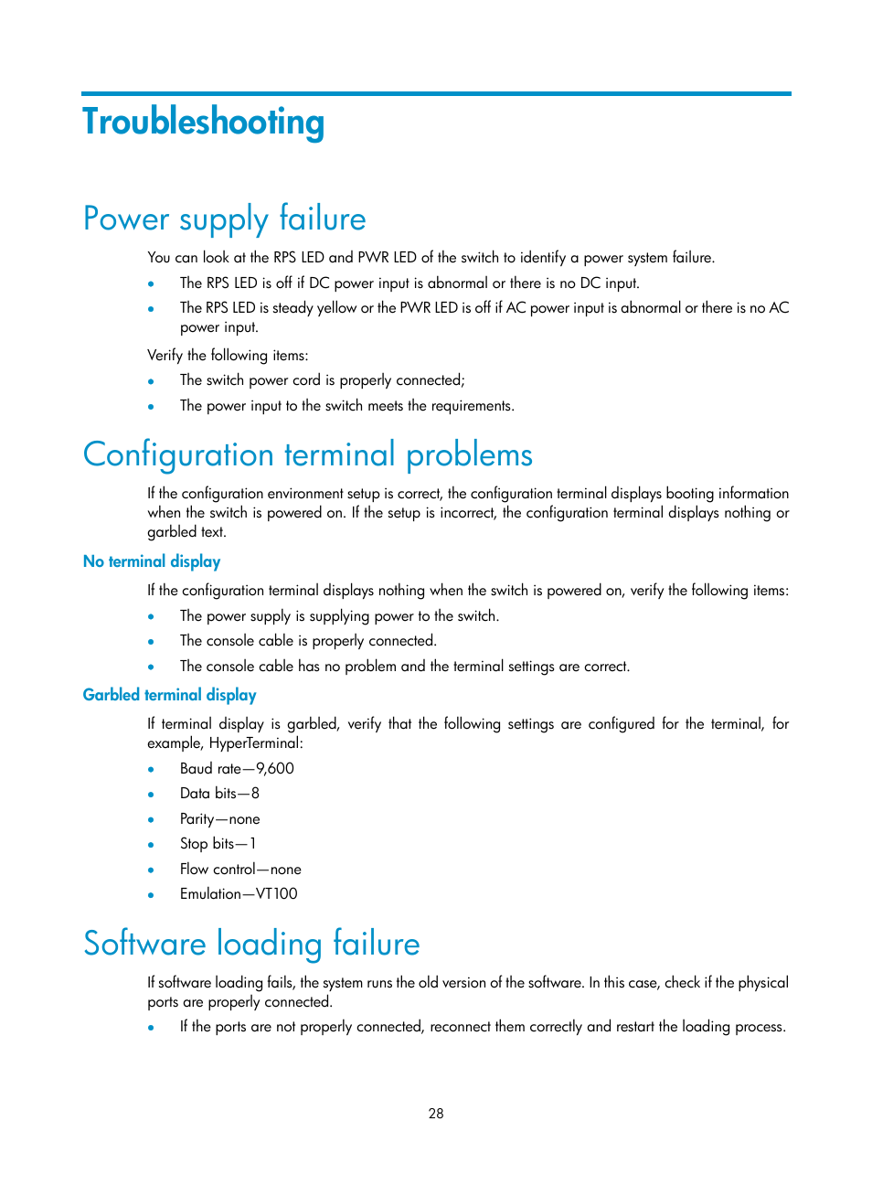 Troubleshooting, Power supply failure, Configuration terminal problems | No terminal display, Garbled terminal display, Software loading failure | H3C Technologies H3C WX3000E Series Wireless Switches User Manual | Page 36 / 73