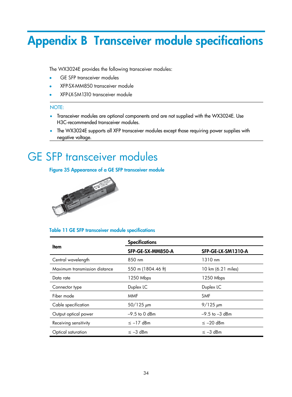 Appendix b transceiver module specifications, Ge sfp transceiver modules | H3C Technologies H3C WX3000E Series Wireless Switches User Manual | Page 42 / 73