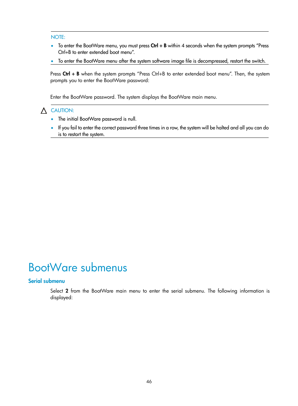 Bootware submenus, Serial submenu | H3C Technologies H3C WX3000E Series Wireless Switches User Manual | Page 54 / 73