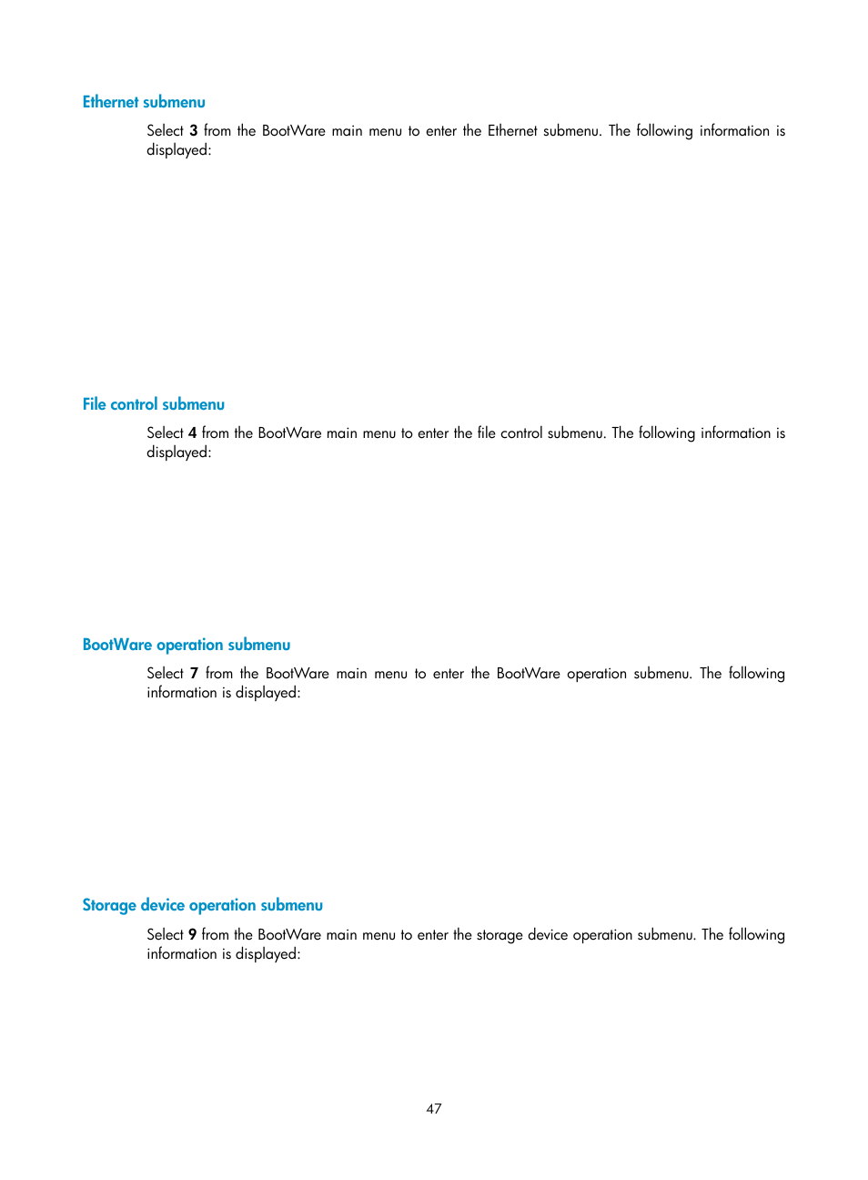 Ethernet submenu, File control submenu, Bootware operation submenu | Storage device operation submenu | H3C Technologies H3C WX3000E Series Wireless Switches User Manual | Page 55 / 73