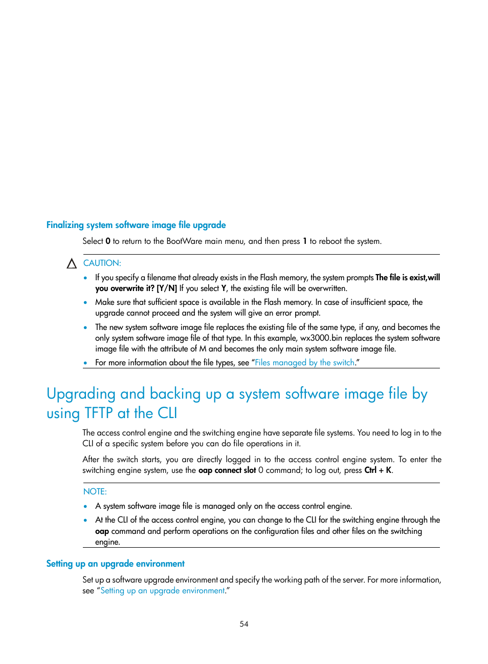 Finalizing system software image file upgrade, Setting up an upgrade environment | H3C Technologies H3C WX3000E Series Wireless Switches User Manual | Page 62 / 73