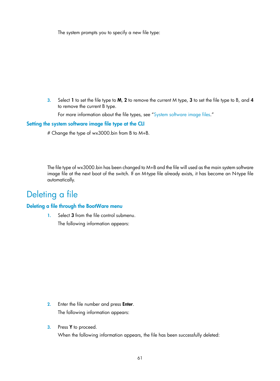 Deleting a file, Deleting a file through the bootware menu | H3C Technologies H3C WX3000E Series Wireless Switches User Manual | Page 69 / 73