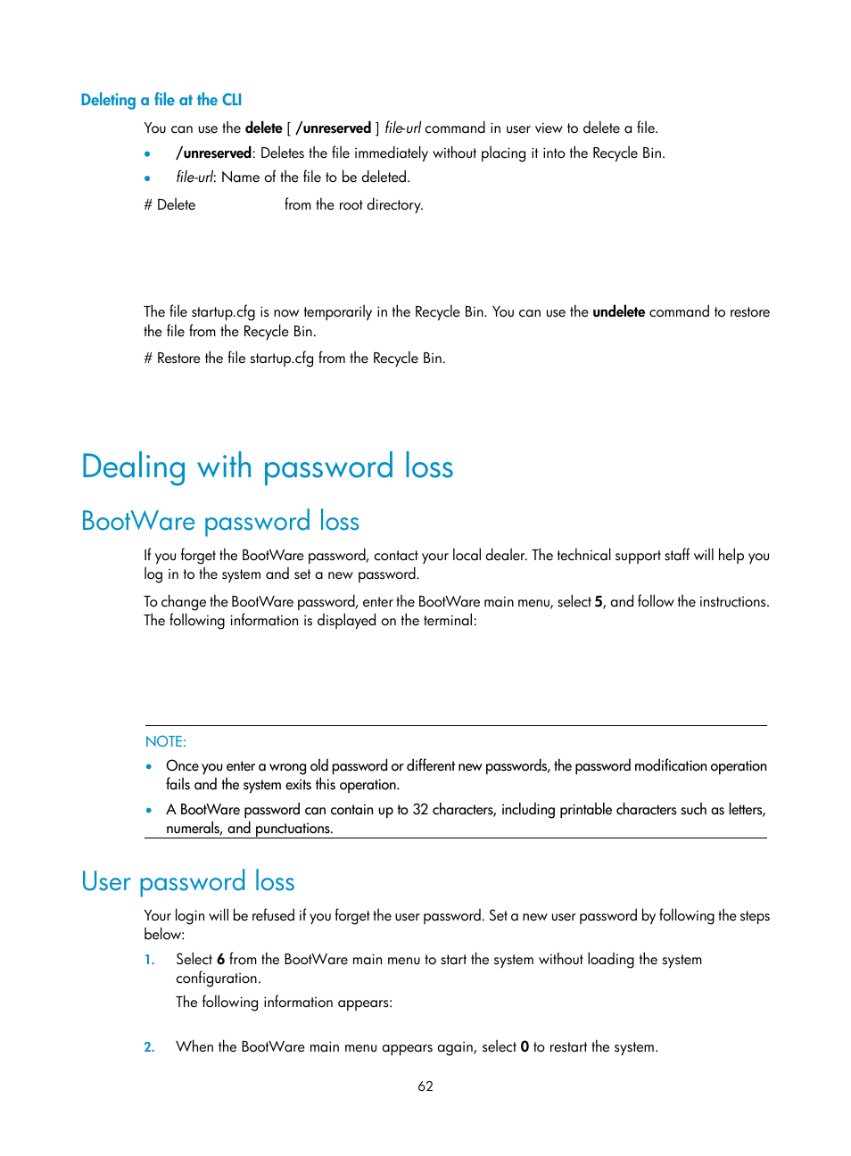 Deleting a file at the cli, Dealing with password loss, Bootware password loss | User password loss | H3C Technologies H3C WX3000E Series Wireless Switches User Manual | Page 70 / 73