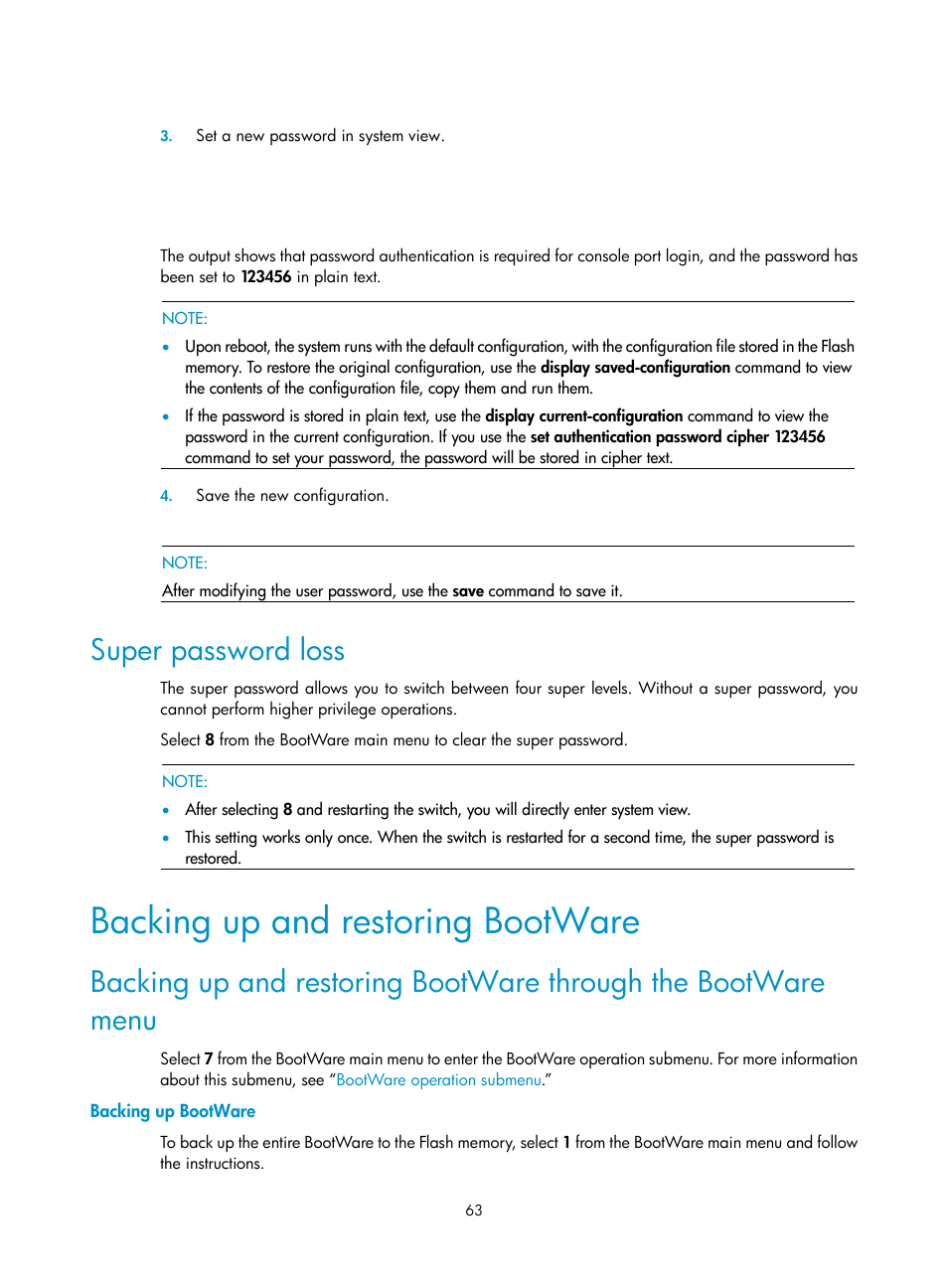 Super password loss, Backing up and restoring bootware, Backing up bootware | H3C Technologies H3C WX3000E Series Wireless Switches User Manual | Page 71 / 73