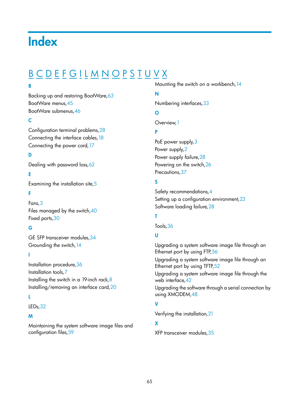 Index | H3C Technologies H3C WX3000E Series Wireless Switches User Manual | Page 73 / 73