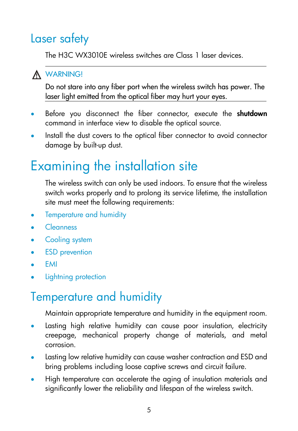 Laser safety, Examining the installation site, Temperature and humidity | H3C Technologies H3C WX3000E Series Wireless Switches User Manual | Page 14 / 73