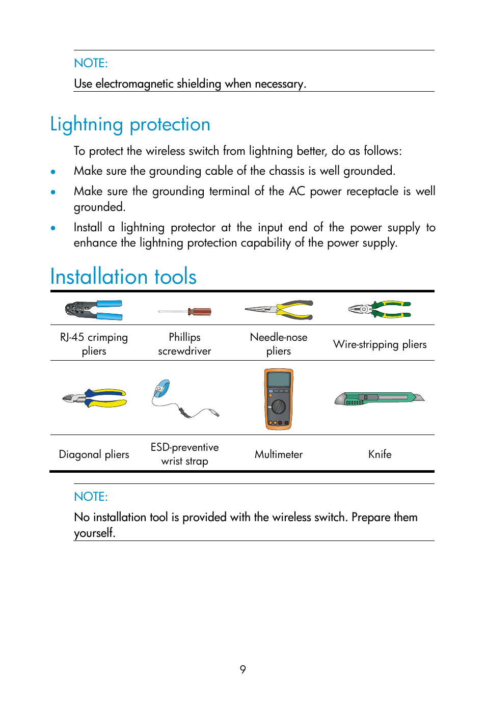 Lightning protection, Installation tools | H3C Technologies H3C WX3000E Series Wireless Switches User Manual | Page 18 / 73