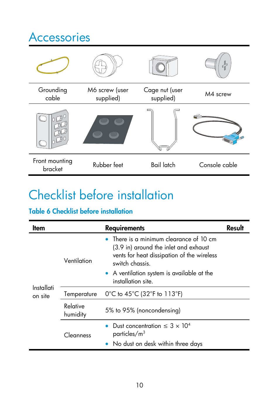 Accessories, Checklist before installation | H3C Technologies H3C WX3000E Series Wireless Switches User Manual | Page 19 / 73