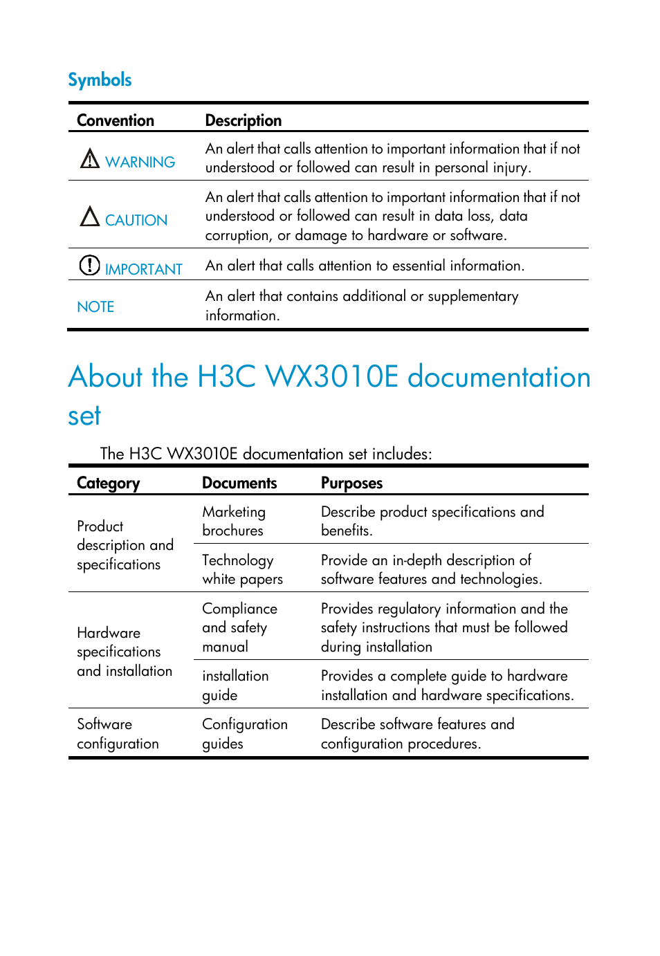 Symbols, About the h3c wx3010e documentation set | H3C Technologies H3C WX3000E Series Wireless Switches User Manual | Page 4 / 73
