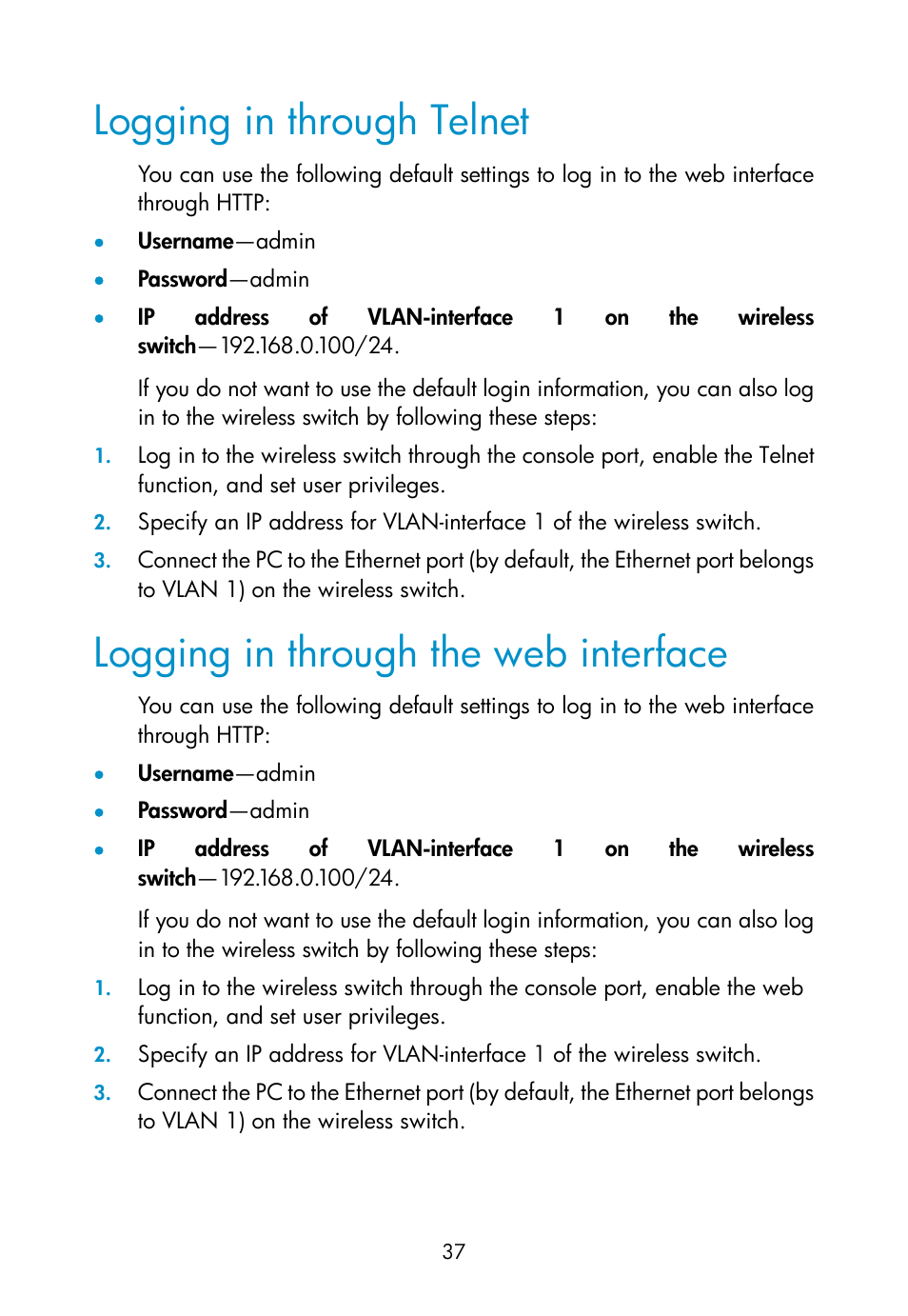 Logging in through telnet, Logging in through the web interface | H3C Technologies H3C WX3000E Series Wireless Switches User Manual | Page 46 / 73