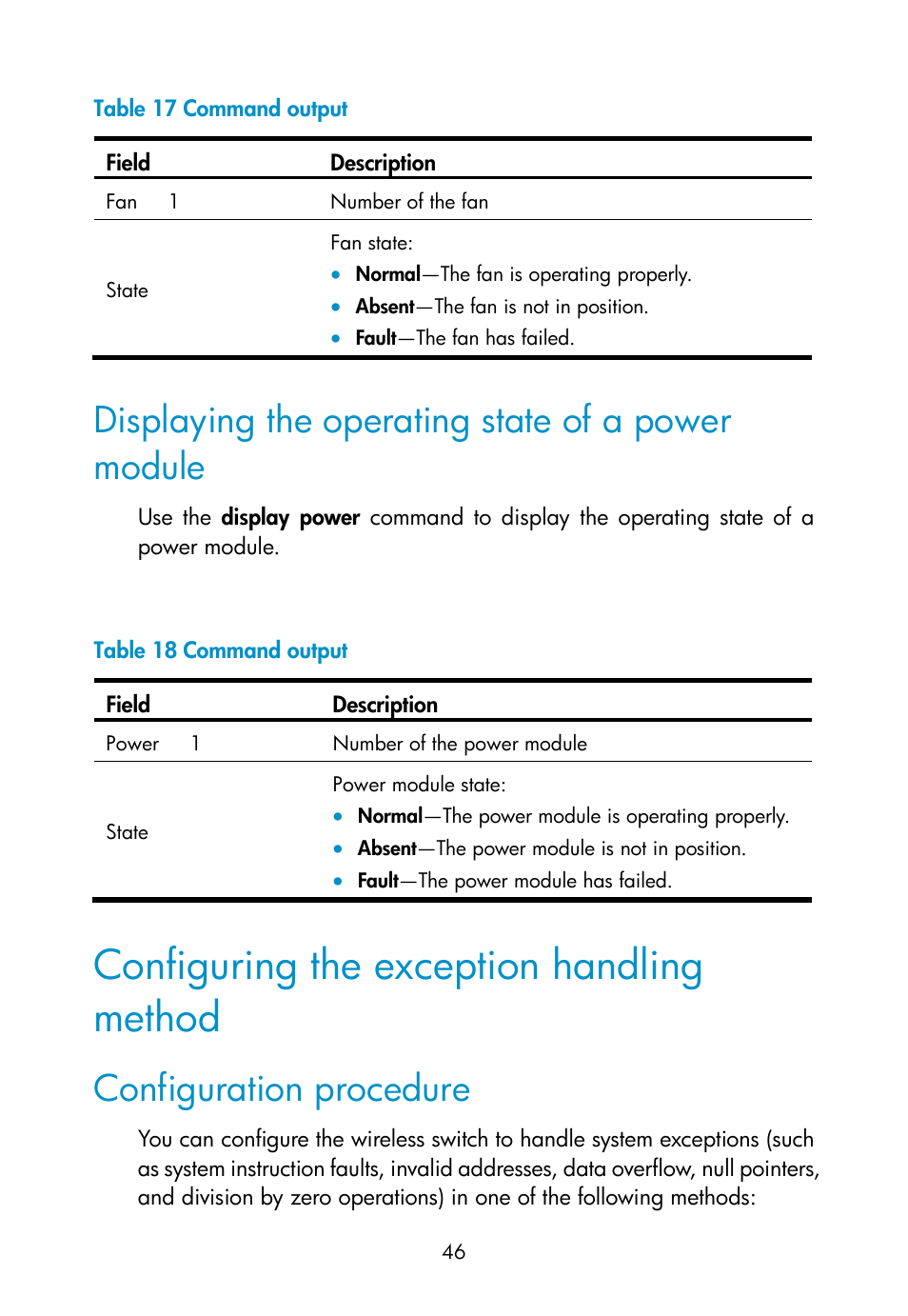 Displaying the operating state of a power module, Configuring the exception handling method, Configuration procedure | H3C Technologies H3C WX3000E Series Wireless Switches User Manual | Page 55 / 73